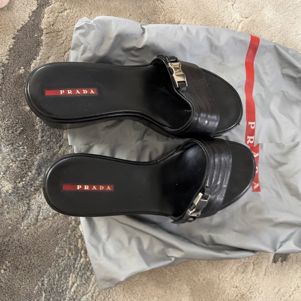 Prada Black Slide Sandals with leather Textured Strap